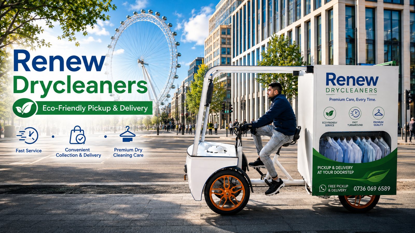 Renew Drycleaners eco-friendly electric cargo bike collecting dry cleaning in London
