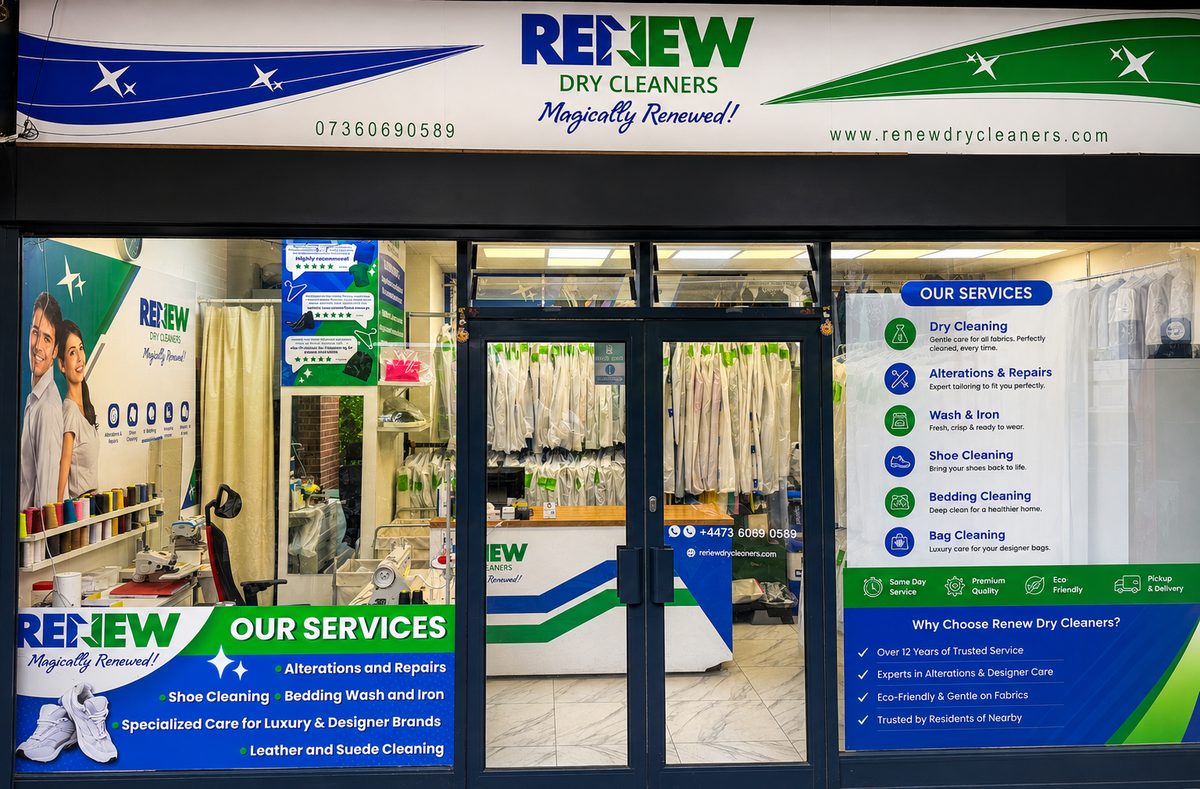 Renew Drycleaners Nine Elms shopfront, 7 Cellini Street, London SW8 2FQ